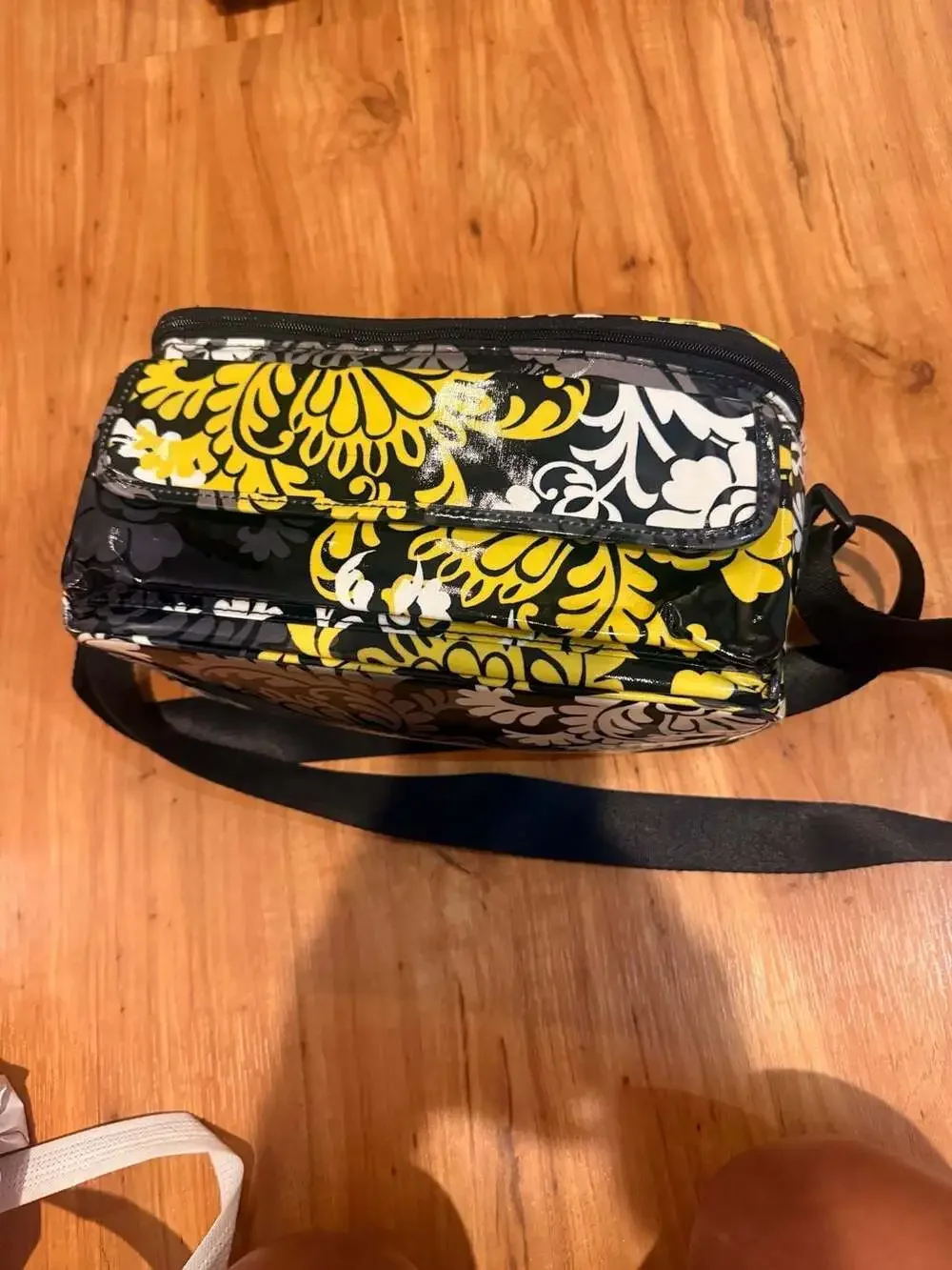 Vera Bradley Black Yellow Floral PVC Laminated Crossbody Lunch Bag